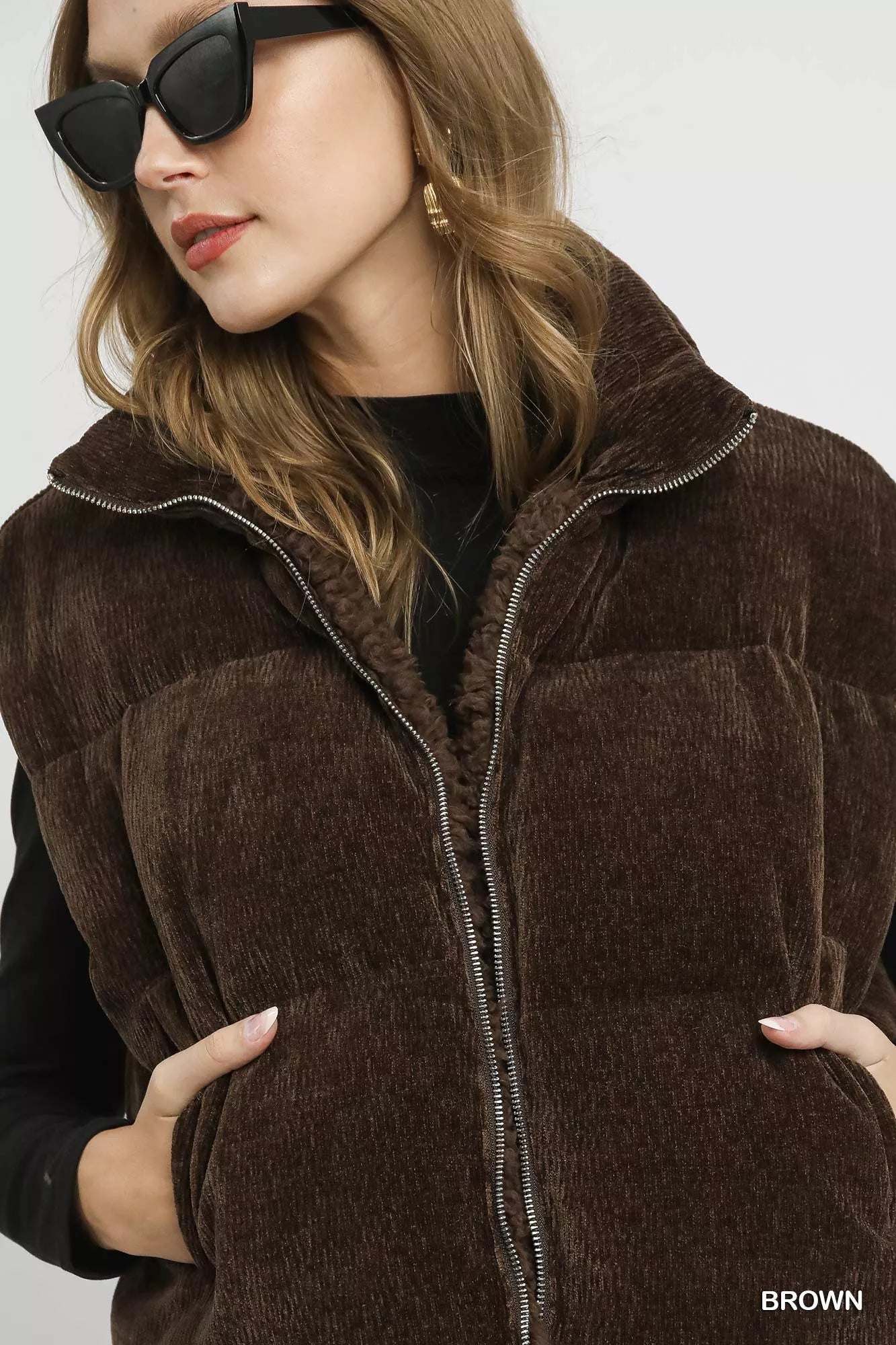 Sherpa-Lined Zip Vest with Drawstring Hem Umgee