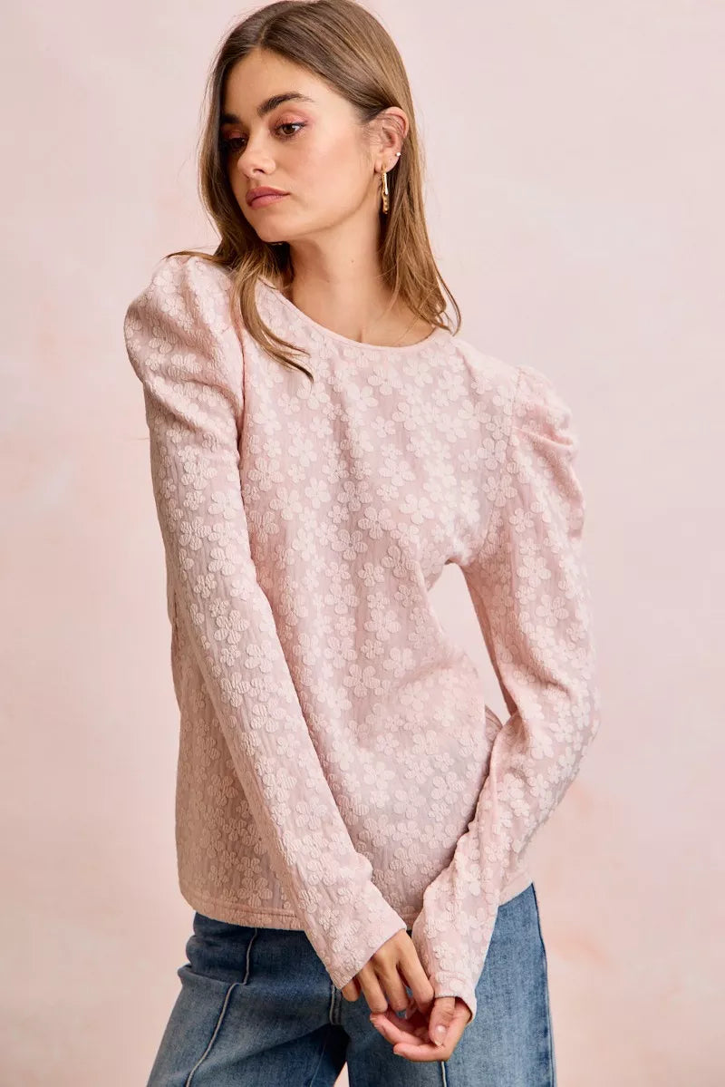 Textured Flower Knit Puff Shoulder Top BiBi