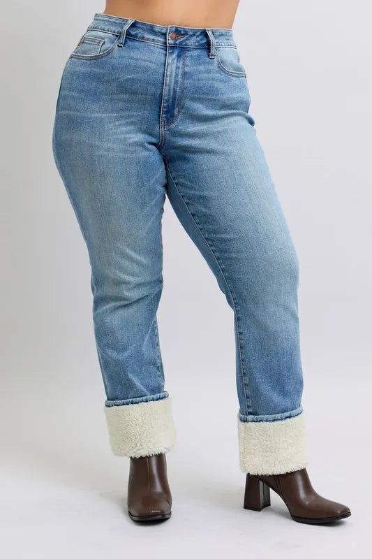 High Waist Shearling Cuff Straight Plus Size Judy Blue