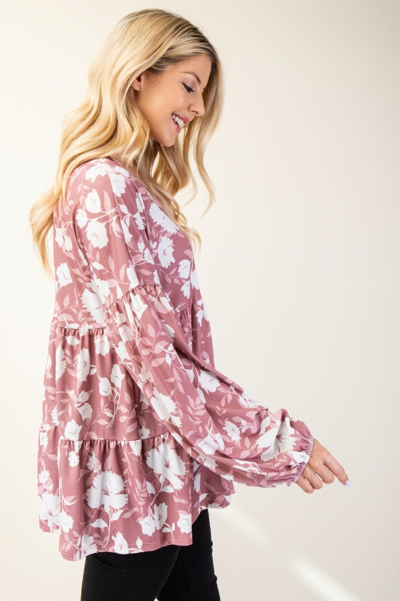 Tiered Floral V-Neck Long Sleeve Blouse Celeste   