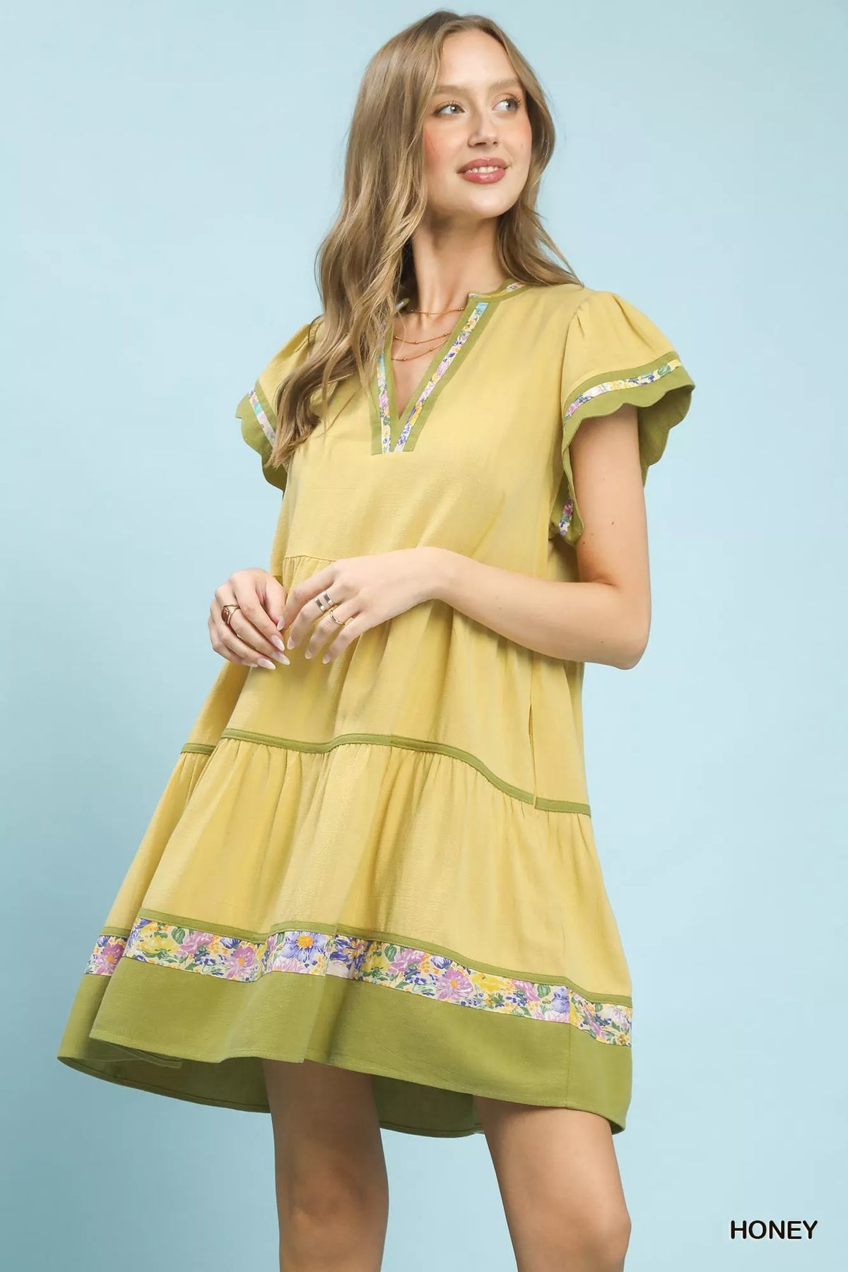 Linen Tiered Flutter Sleeve Dress with Floral Trim Umgee HONEY S