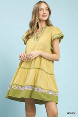 Linen Tiered Flutter Sleeve Dress with Floral Trim Umgee HONEY S