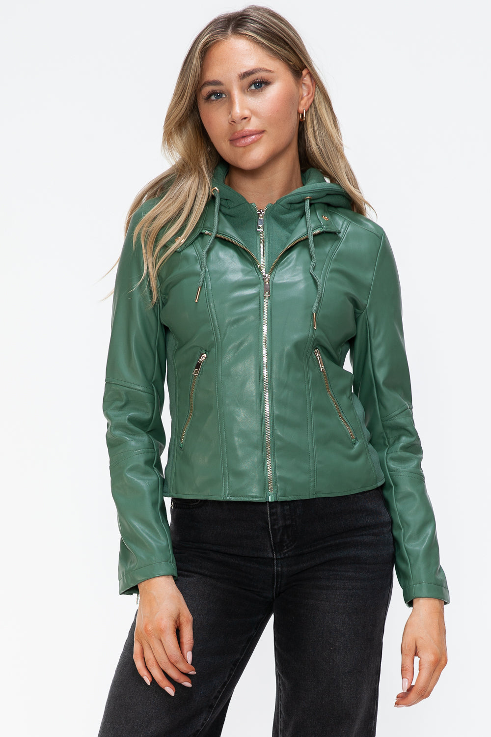 Faux Leather Zip Up Drawstring Hooded Jacket Snobbish Sage S