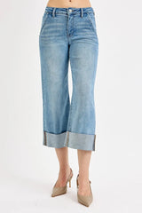 Tummy Control High Rise Ankle Wide Cuffed Jeans With Plus Size Risen