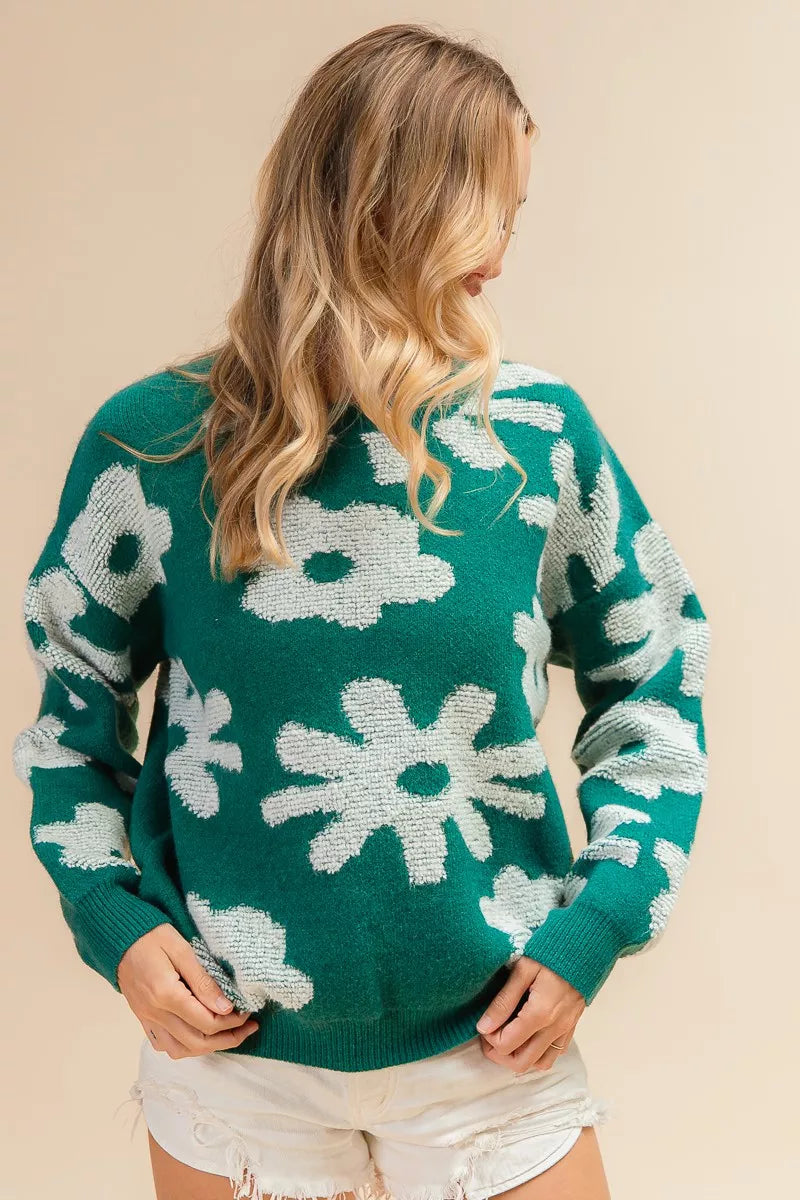Flower Pattern Long Sleeves Sweater Top BiBi