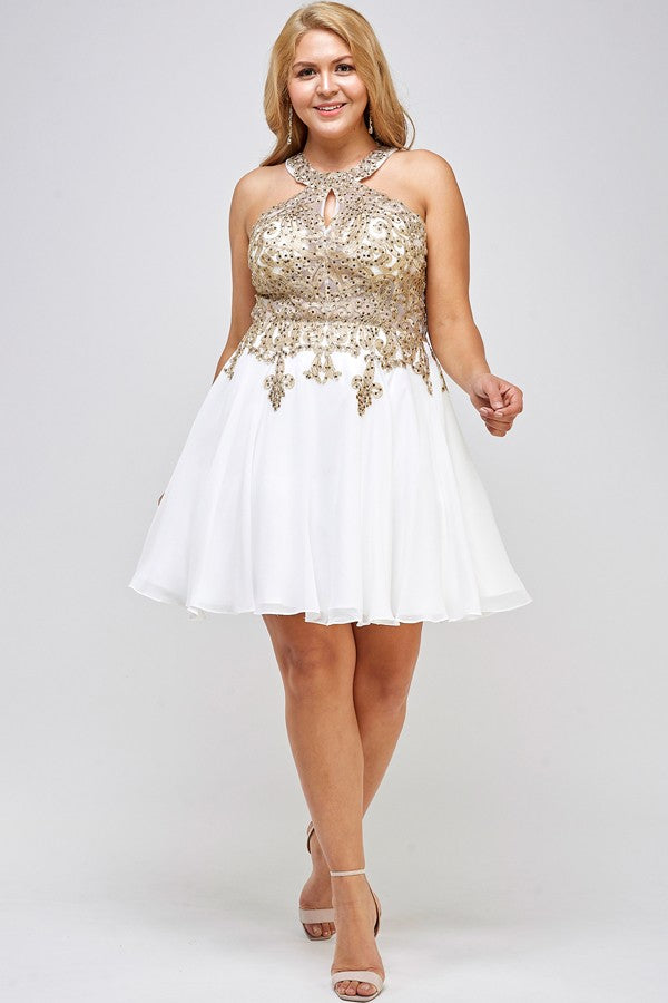 Plus Size Gold Embroidered Elegant Halter A-Line Cocktail Dress LA SCALA White 1X