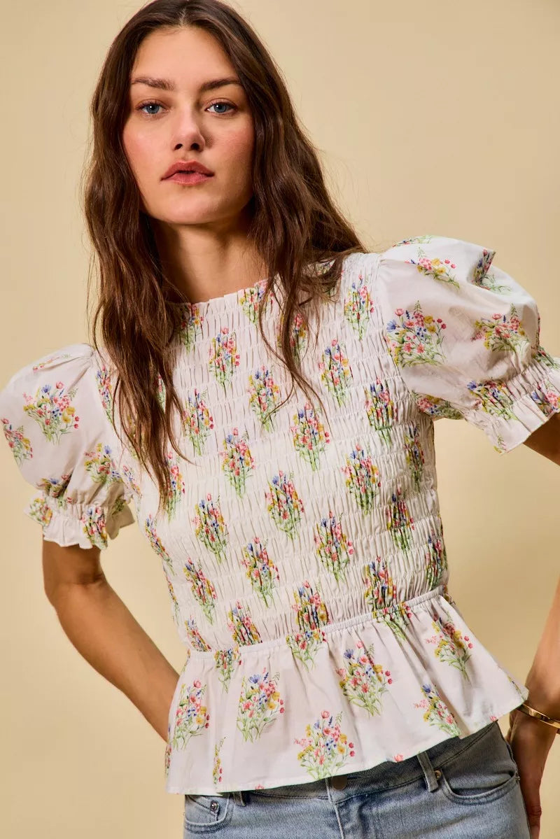Floral Cotton Smocked Short Sleeves Blouse So Me