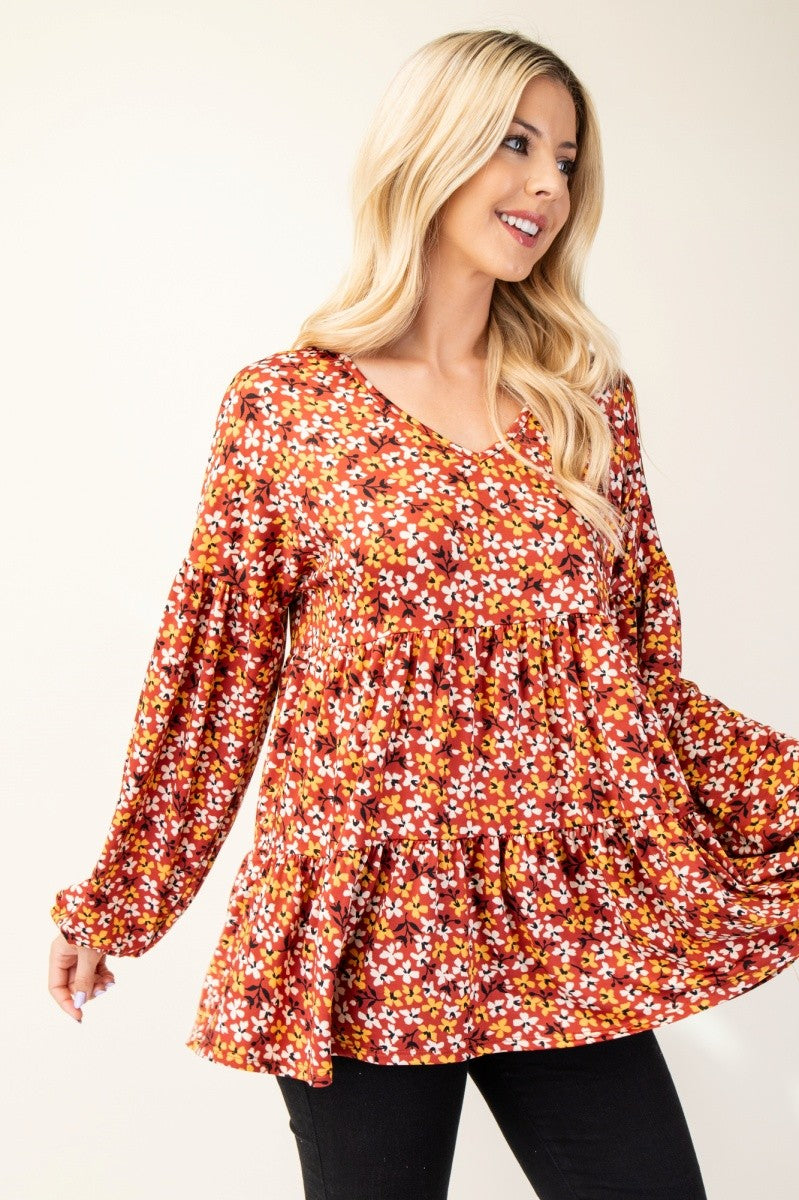 Floral V-Neck Balloon Sleeve Blouse Celeste Rust S 