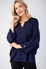 Notched Three-Quarter Sleeve Blouse Celeste Navy S 