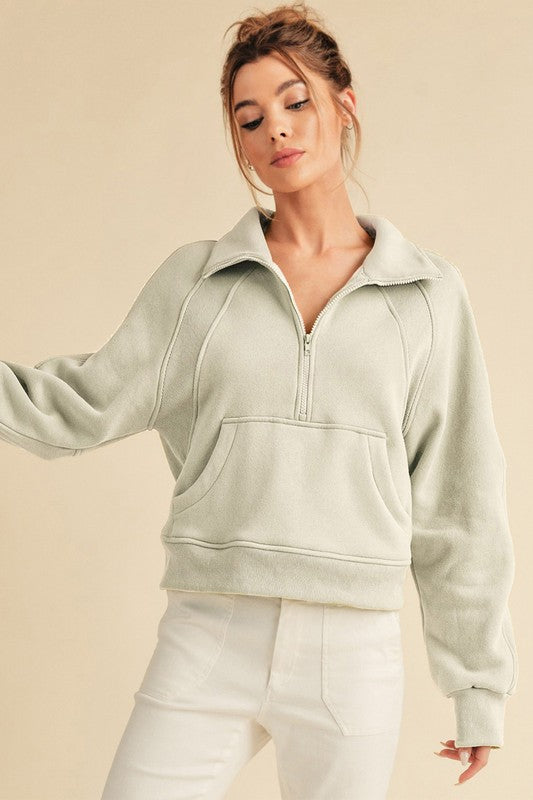 Half Zip Raglan Sleeve Sweatshirt with Kangaroo Pocket Aemi + Co