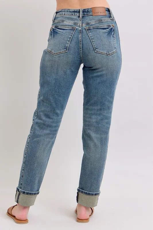 Mid Rise Vintage Wash Double Roll Cuff Boyfriend Jeans with Plus Size Judy Blue
