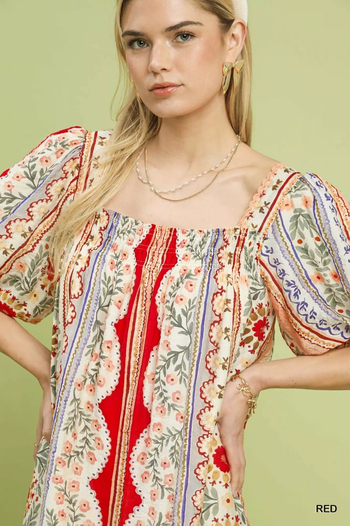 Mixed Print Puff Sleeve Mini Dress Umgee