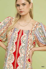 Mixed Print Puff Sleeve Mini Dress Umgee
