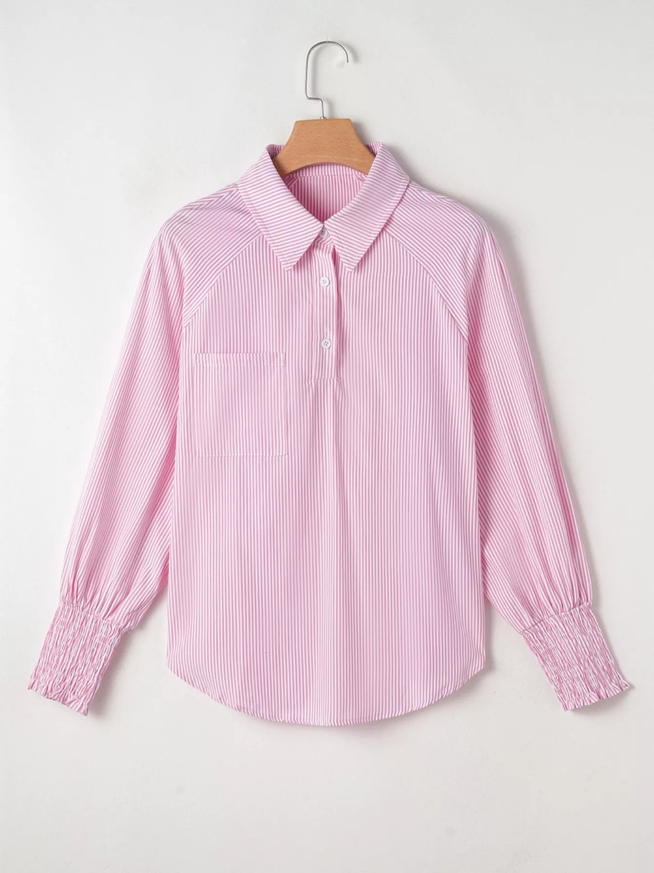 Pinstripe Long Sleeve Smocked Cuffs Button Shirt Collar Blouse Simmer & Fay
