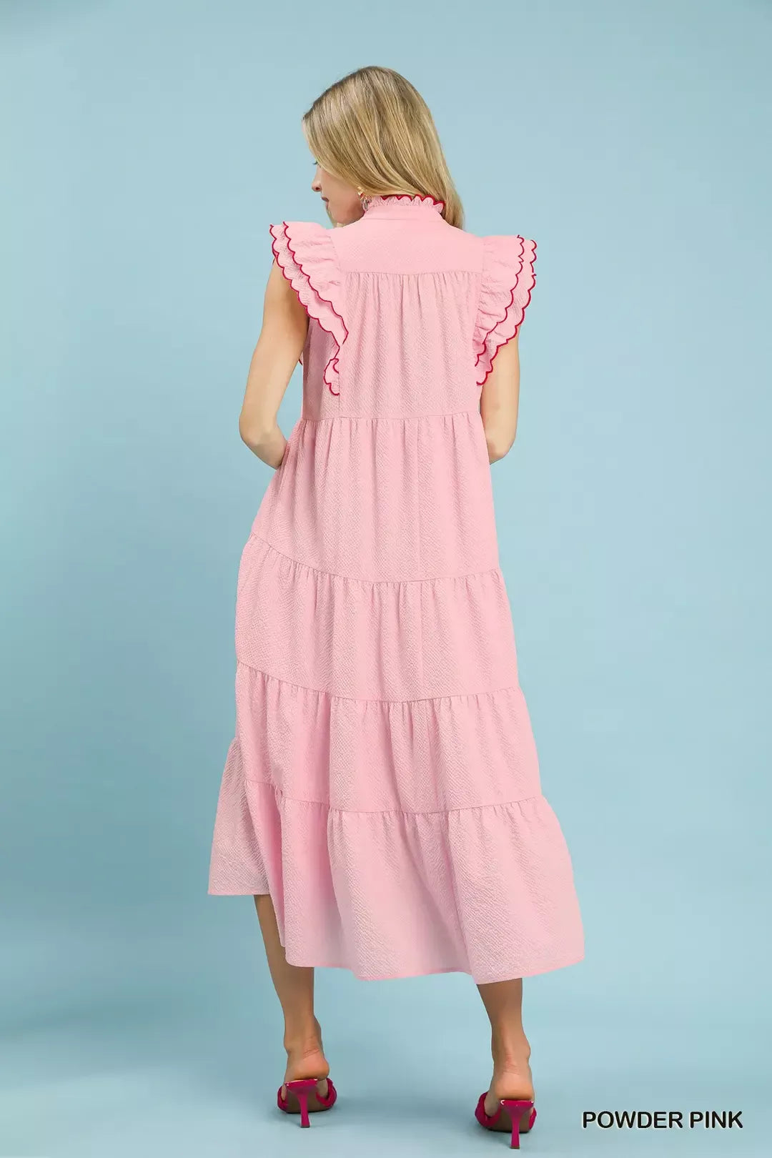 Seersucker Ruffle Sleeve Tiered Midi Dress Umgee