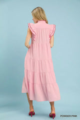 Seersucker Ruffle Sleeve Tiered Midi Dress Umgee