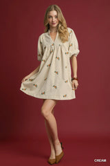 Umgee Corduroy Babydoll Dress with Floral Embroidery Trendsi