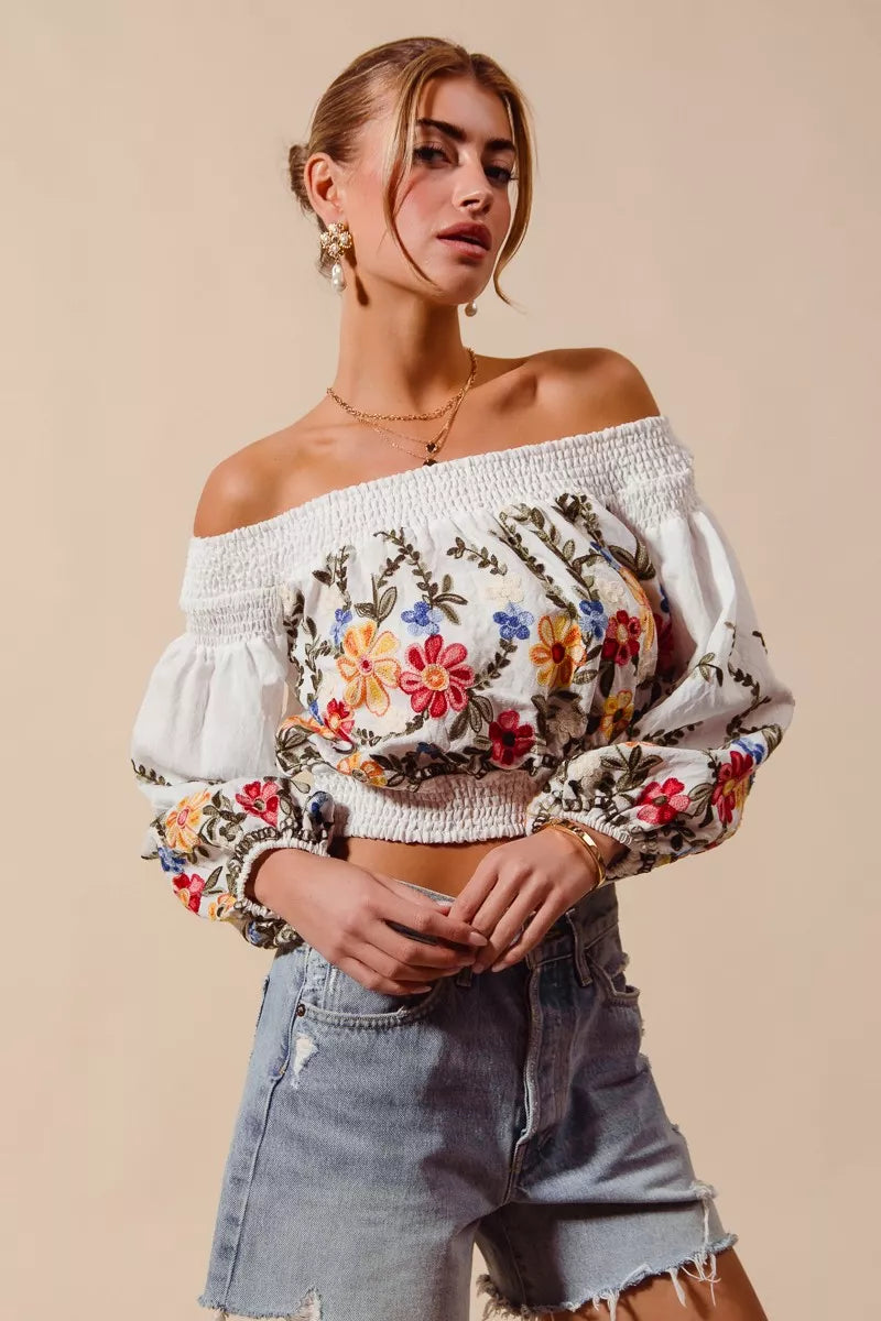 Floral Embroidered Off The Shoulder Crop Top So Me