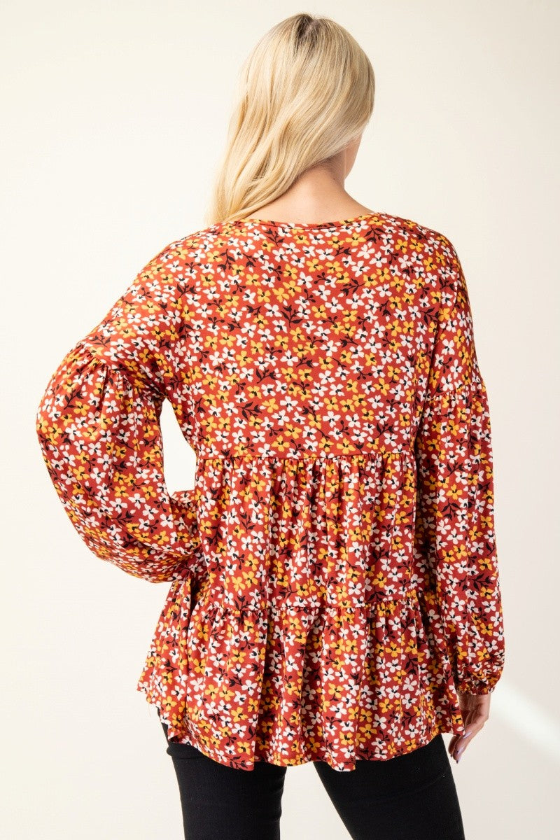 Floral V-Neck Balloon Sleeve Blouse Celeste   