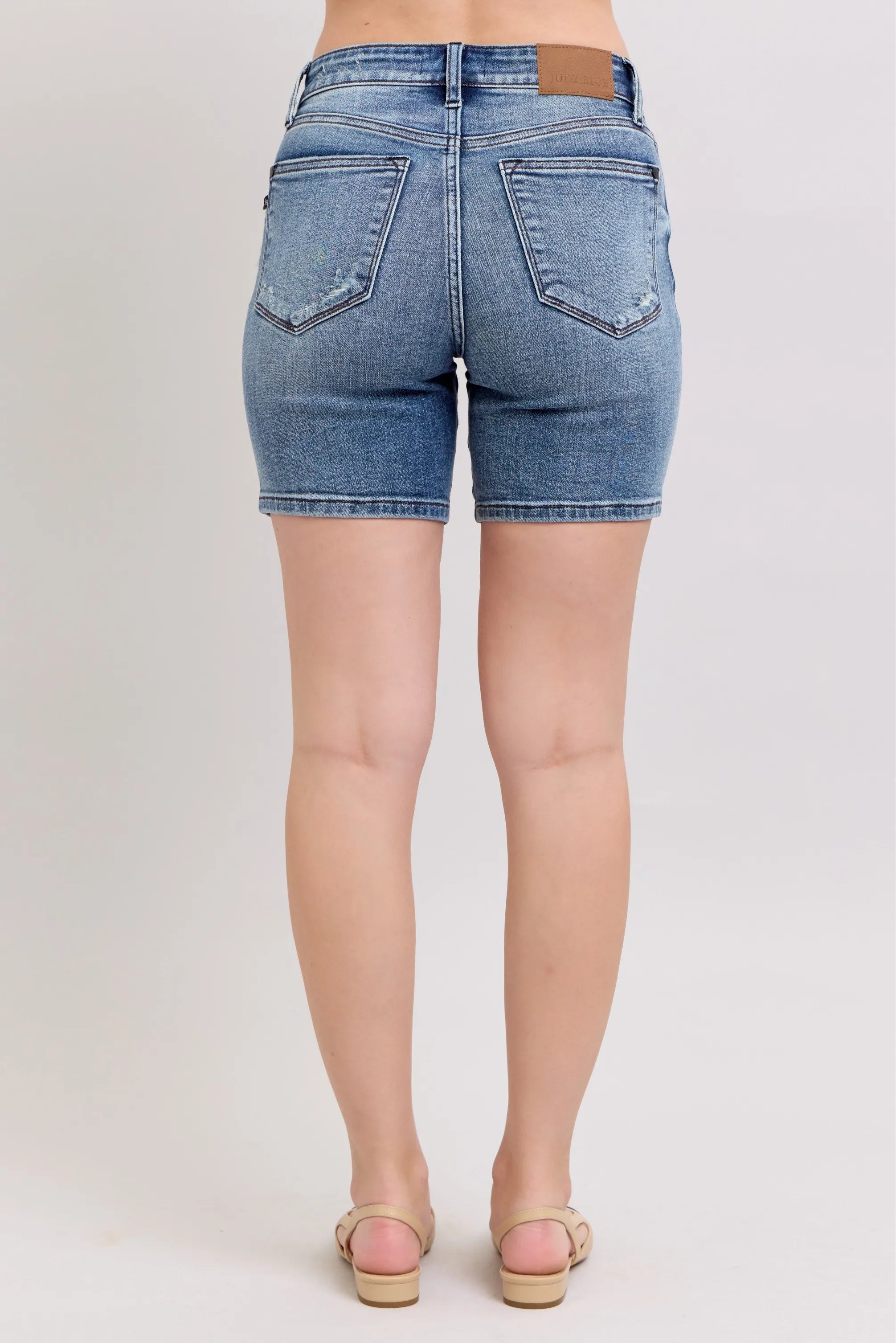 Button Fly Mid Length Denim Distressed Shorts Judy Blue