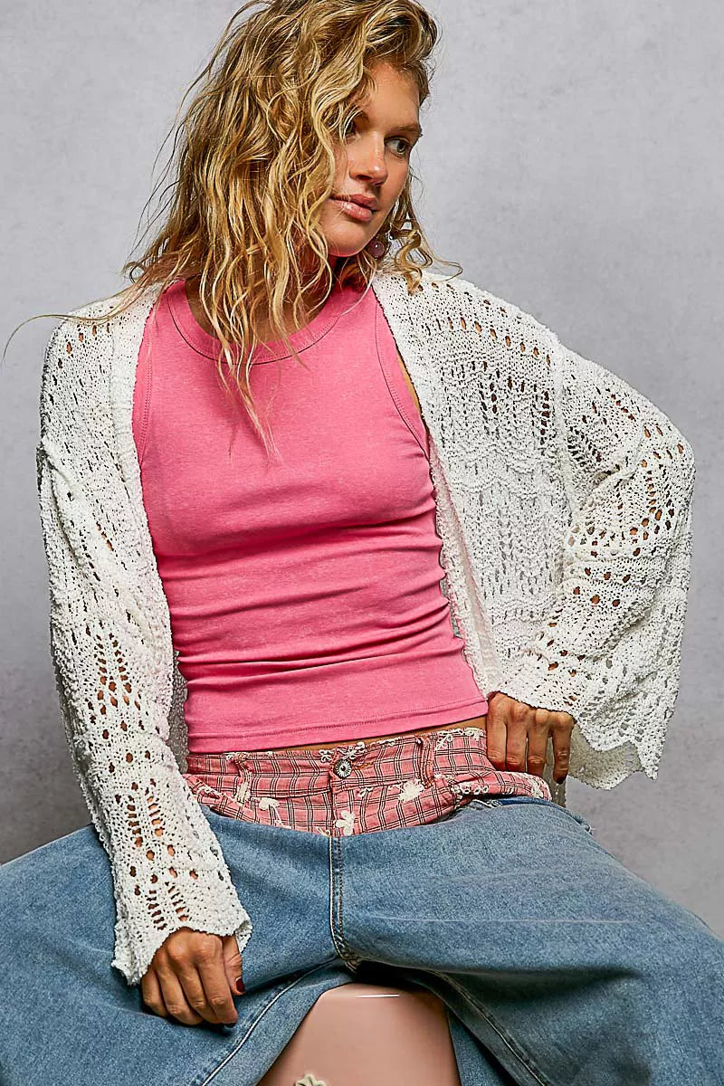 Openwork Lightweight Open Front Cardigan with Scalloped Edge POL