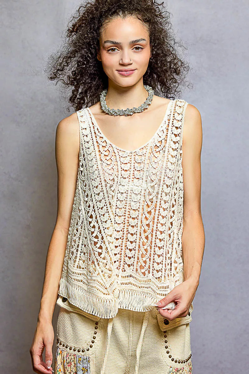 Crochet Fringe Hem Tank Top POL NATURAL One Size