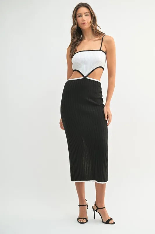 Ribbed Knit Color Block Cutout Midi Dress Mable