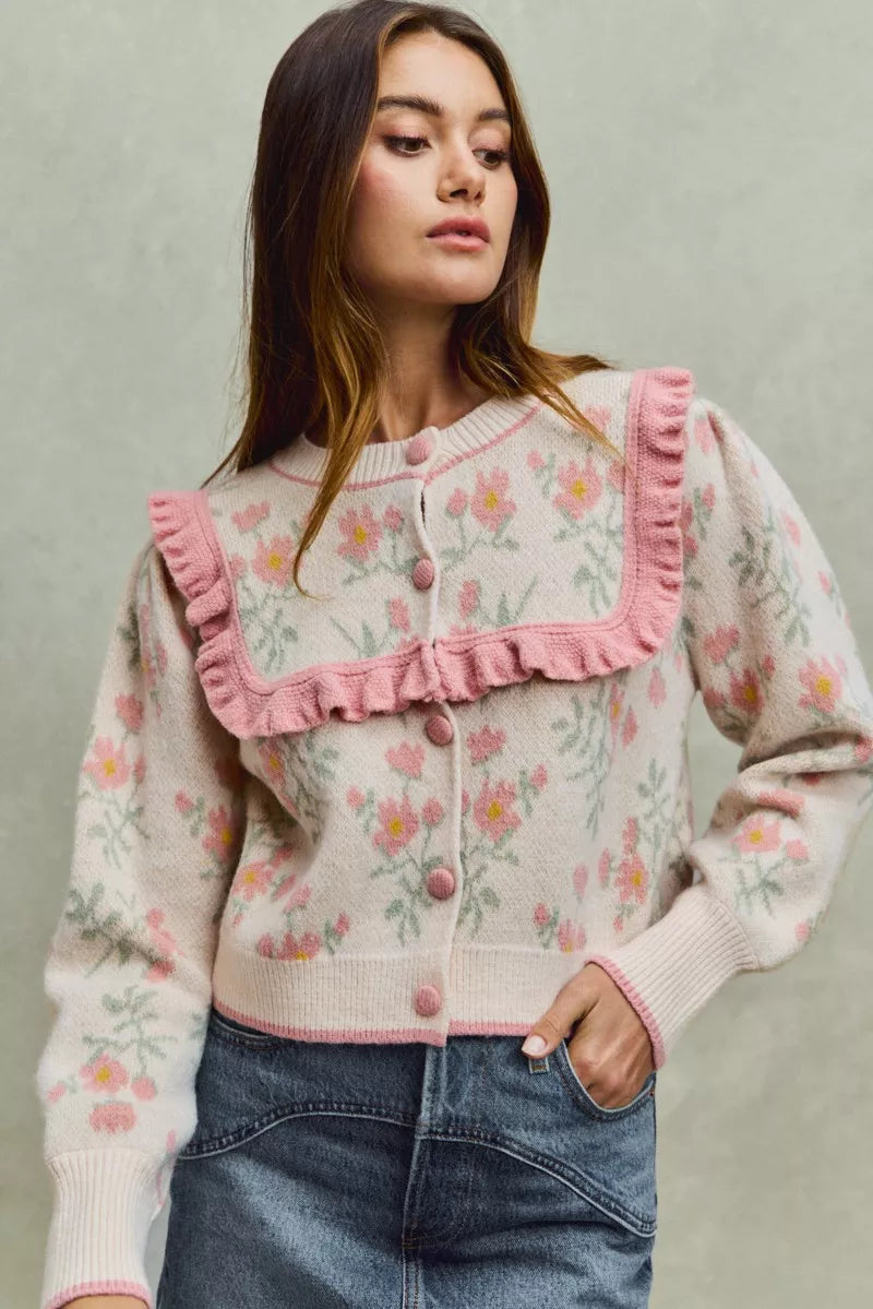 Flower With Ruffle Detailing Sweater Cardigan So Me