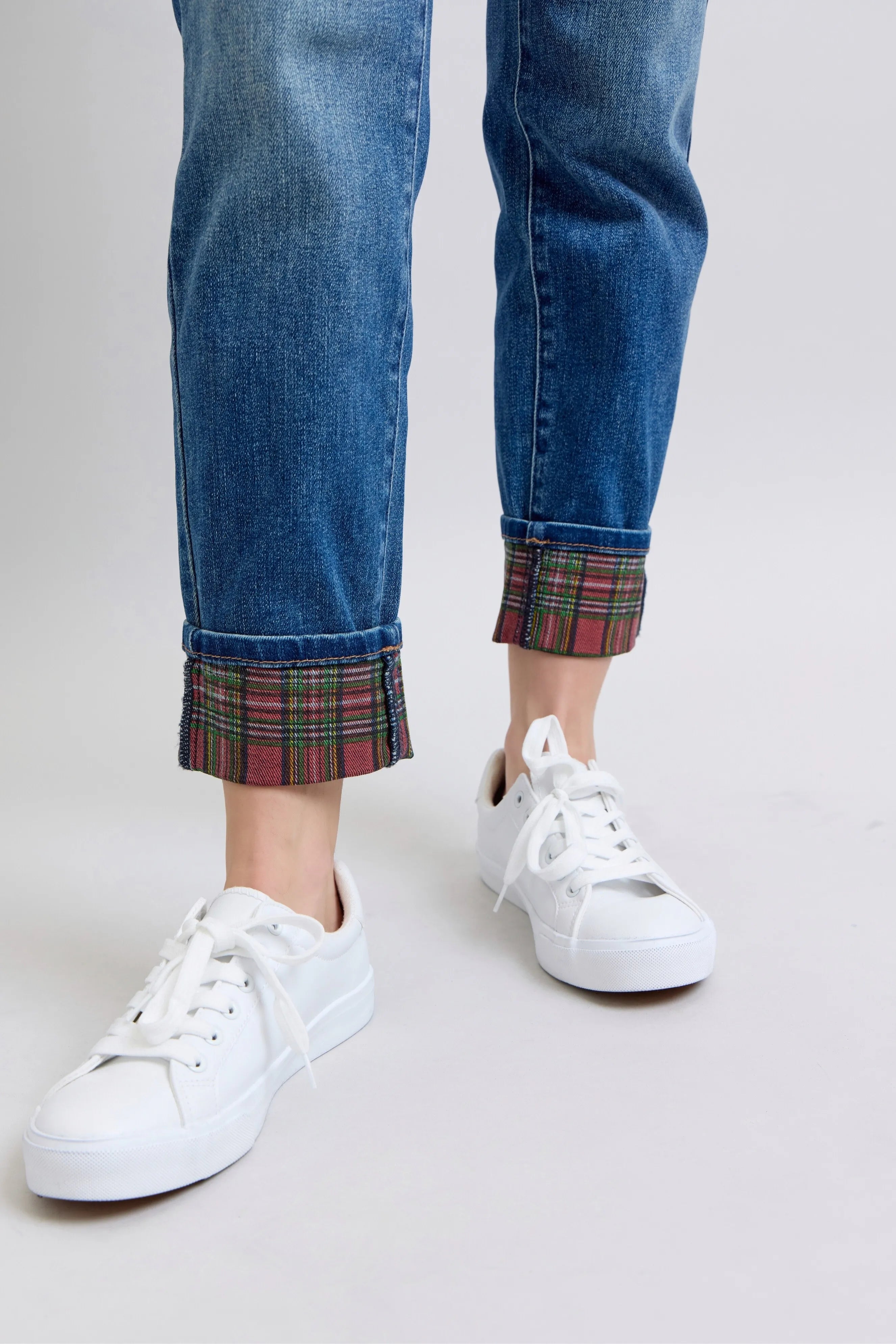 Mr Plaid Print Cuff Boyfriend Jeans with Plus Size Judy Blue