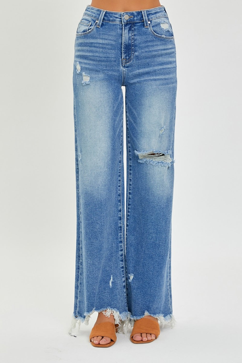 Full Size High Rise Frayed Hem Wide Leg Jeans Risen   