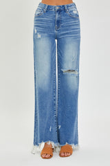 Full Size High Rise Frayed Hem Wide Leg Jeans Risen   