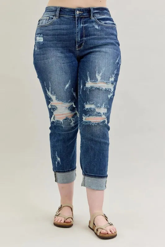Mid Rise Cuffed Destroy Bf Jeans With Plus Size Judy Blue