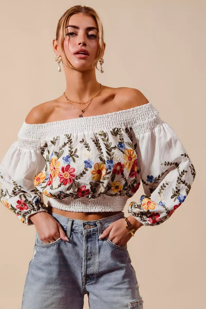 Floral Embroidered Off The Shoulder Crop Top So Me