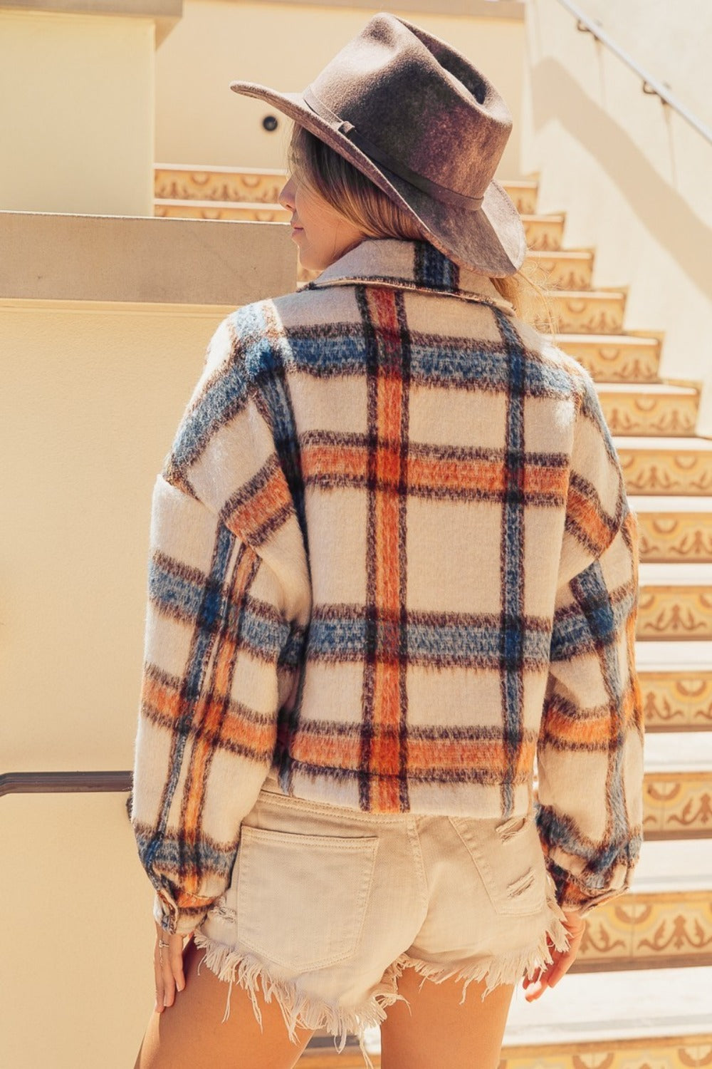 Brushed Plaid Crop Jacket with Pockets BiBi   