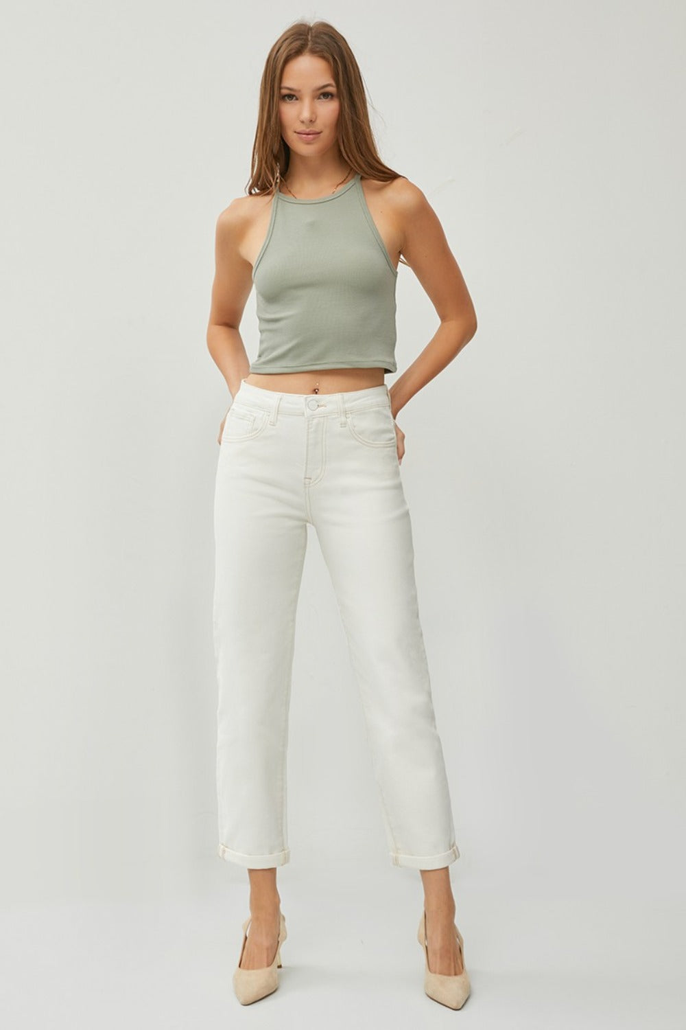 High Waist Rolled Hem Straight Jeans Risen   