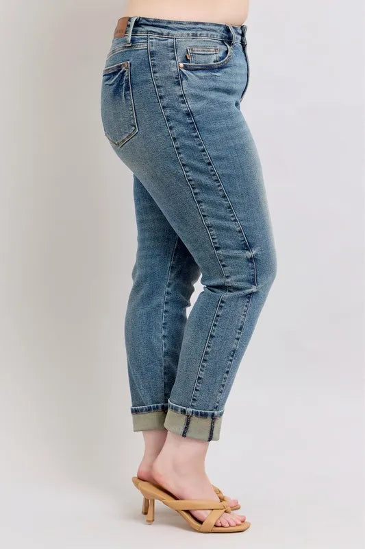 Mid Rise Vintage Wash Double Roll Cuff Boyfriend Jeans with Plus Size Judy Blue