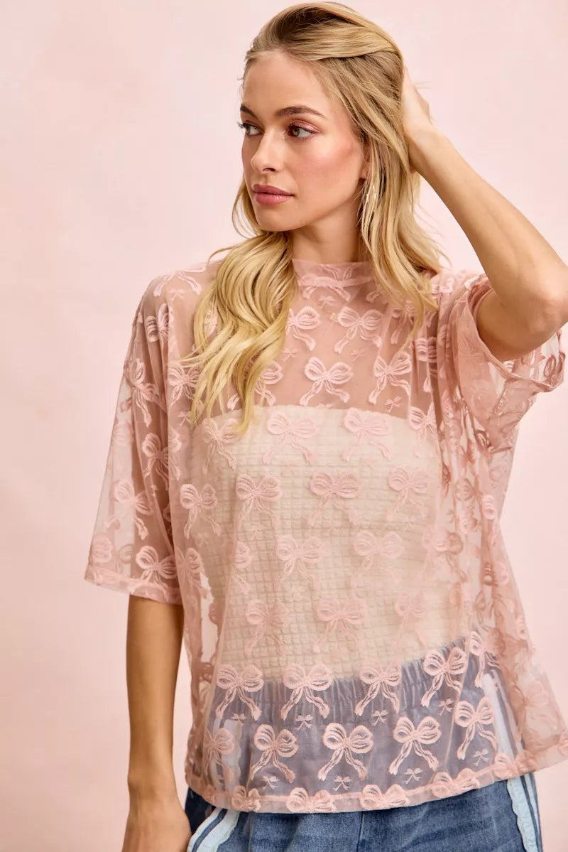 Bow Pattern Short Sleeves Boxy Mesh Top BiBi