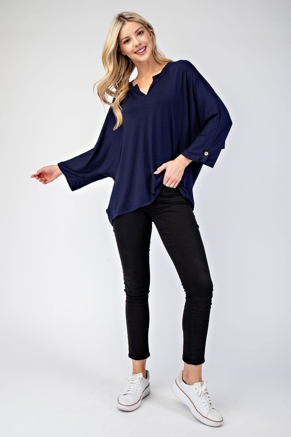 Notched Three-Quarter Sleeve Blouse Celeste   