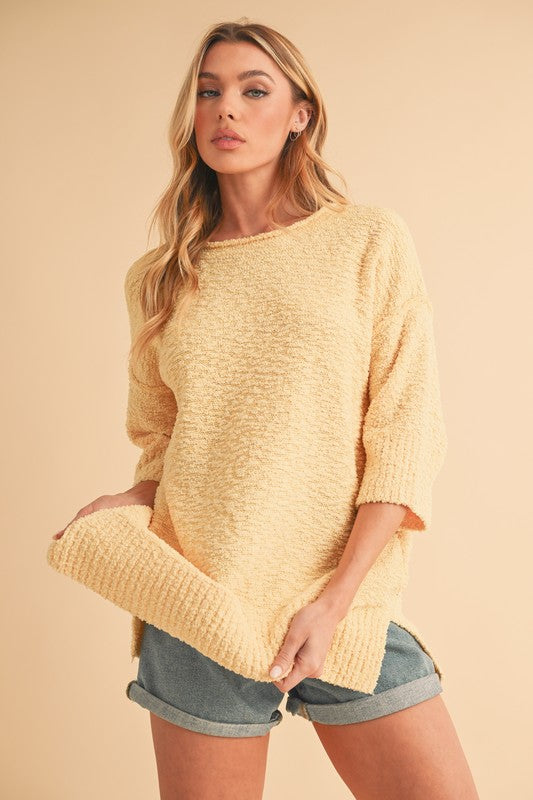 Side Slit Ribbed Hem Round Neck Sweater Aemi + Co