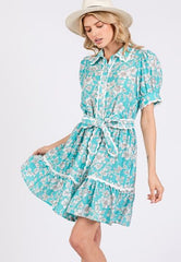 Vintage Floral Scalloped Mini Shirt Dress Sage + Fig