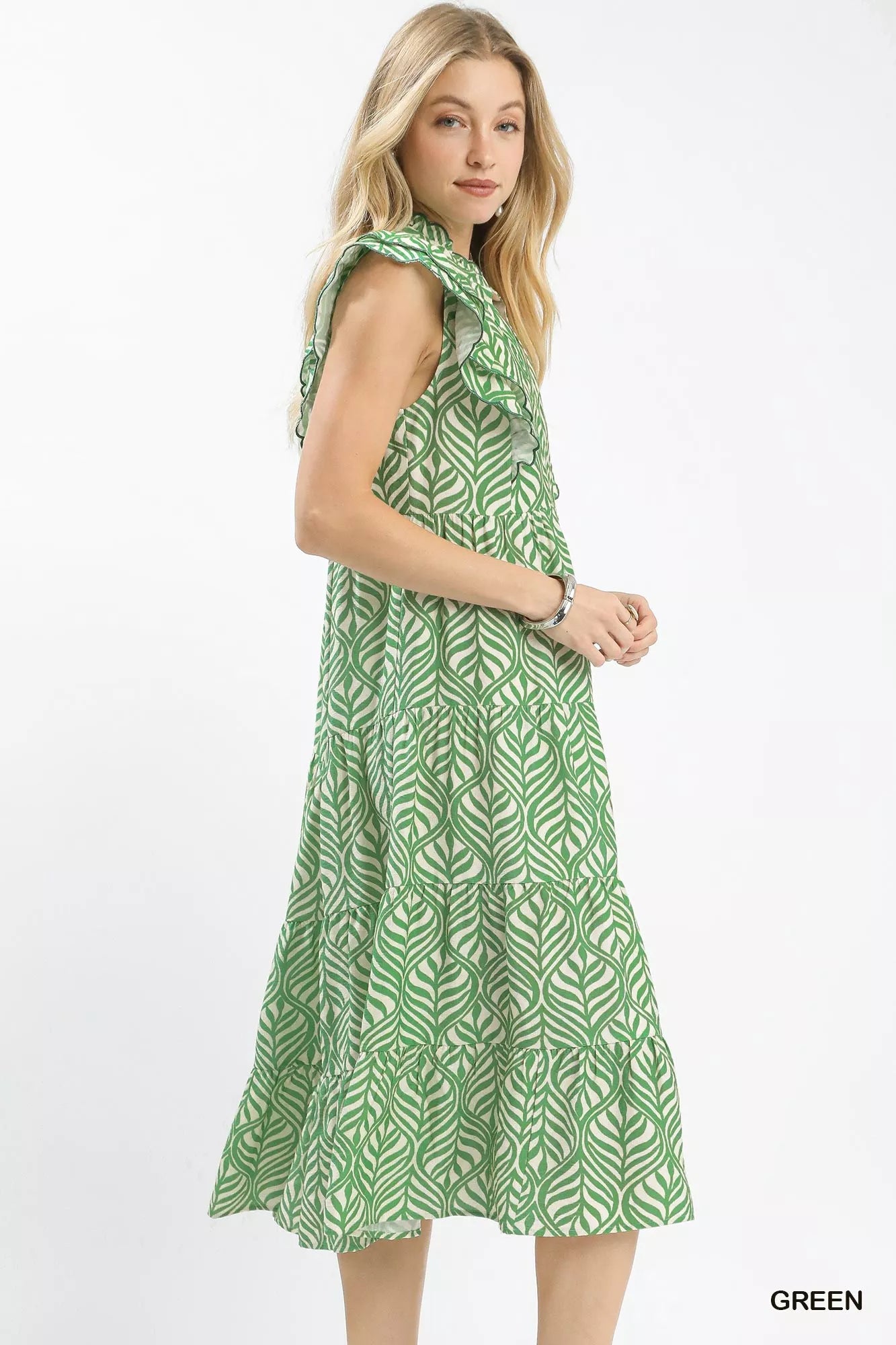Leaf Print Tiered Midi Dress with Ruffle Detail Umgee