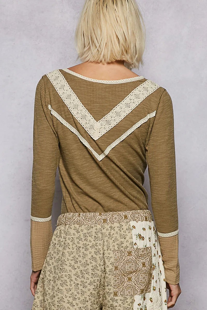 Ribbed Half Button Lace Detail Knit Top POL