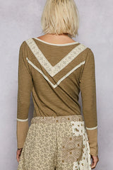 Ribbed Half Button Lace Detail Knit Top POL
