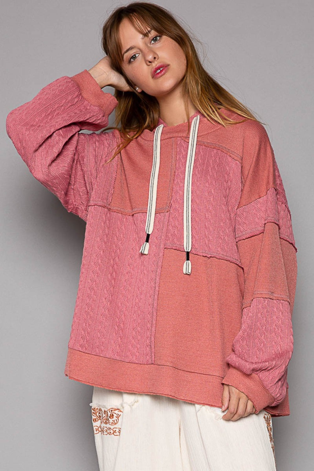 Exposed Seam Relaxed Hooded Knit Top POL Mauve S 