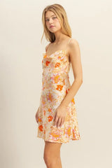 Floral Cowl Neck Flirty Satin Mini Dress HYFVE