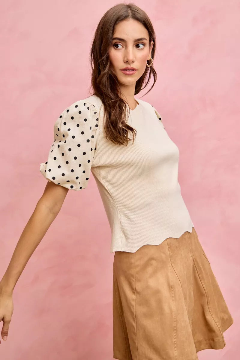 SO ME Polka Dot Contrast Woven Ballon Sleeve Blouse Trendsi