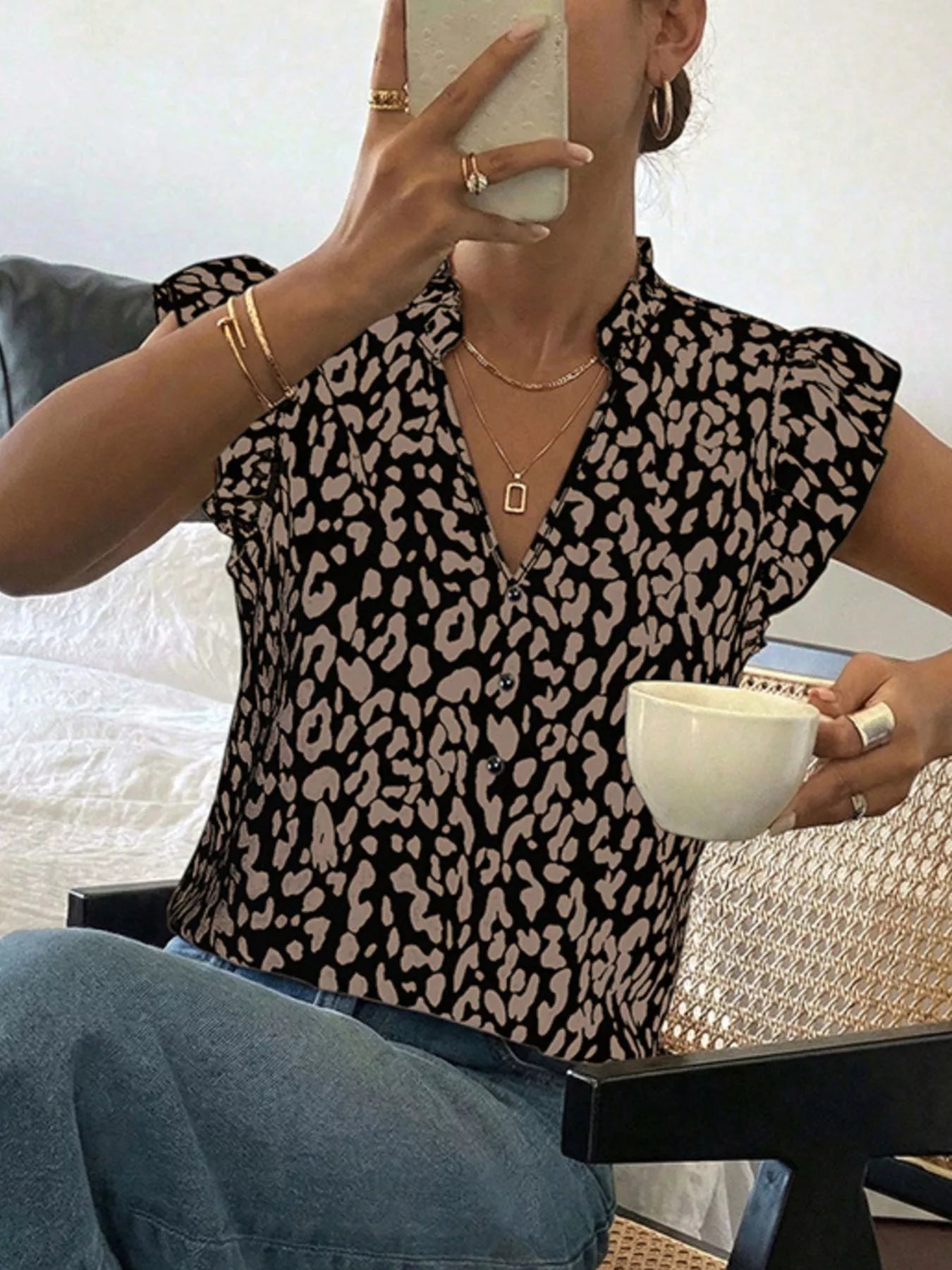 Leopard Print Ruffle Sleeve Blouse Simmer & Fay