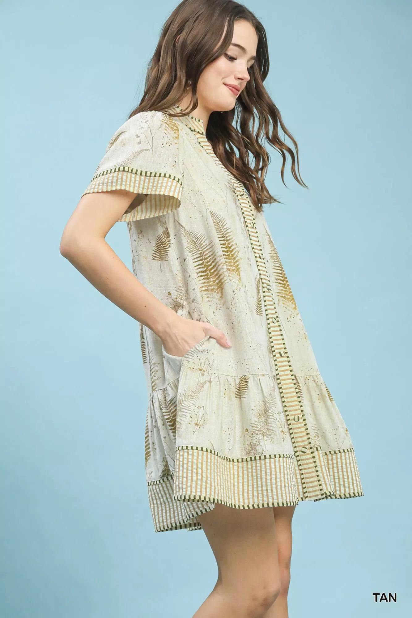 Umgee Linen Printed Button-Front Tiered Mini Dress Trendsi