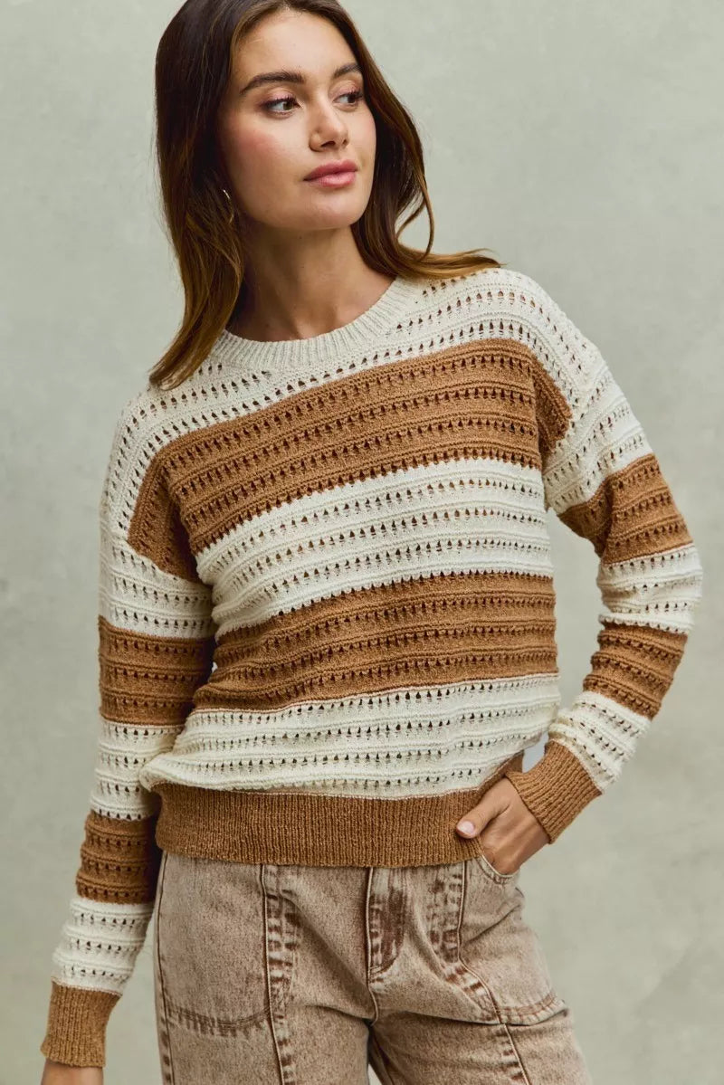 Openwork Round Neck Wide Stripe Textured Sweater So Me