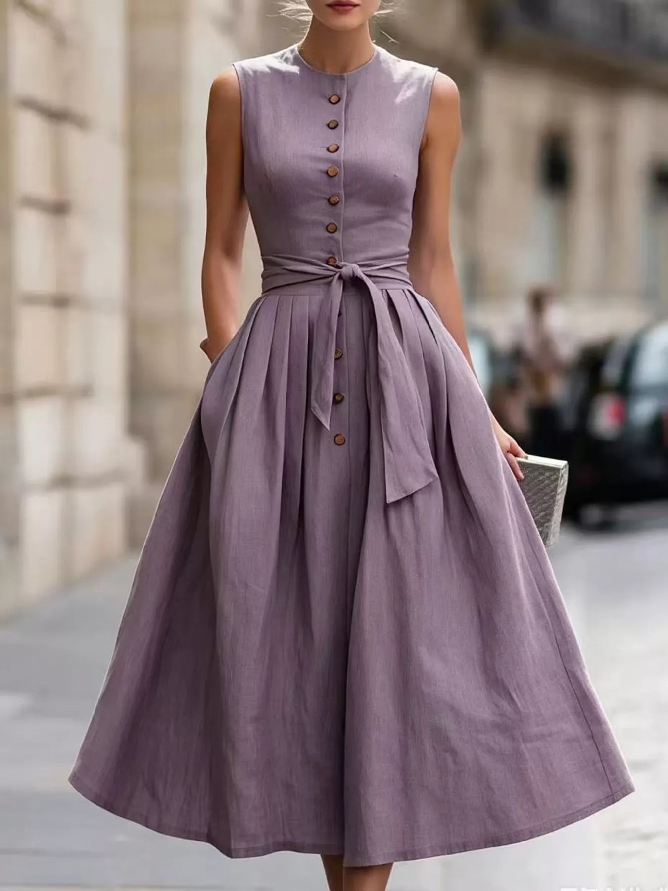 Sleeveless Button-Front Belted Midi Dress Simmer & Fay